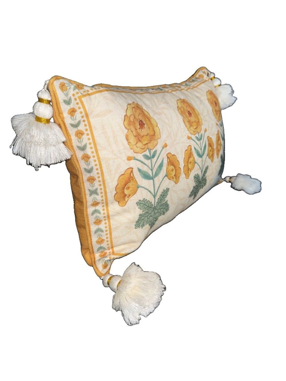 Sofa Pillow Needlepoint LOOK Floral Cushion Home Decor 15”Lx9”Wx5”H Tassels Zip